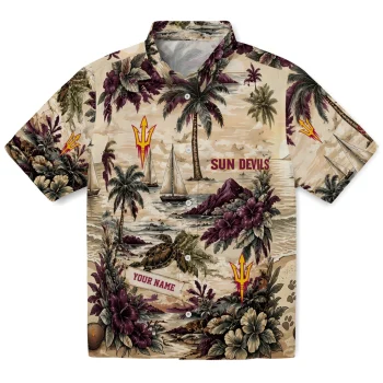 Arizona State Sun Devils Hawaiian Shirt - Personalized Island Voyage Maroon Beige