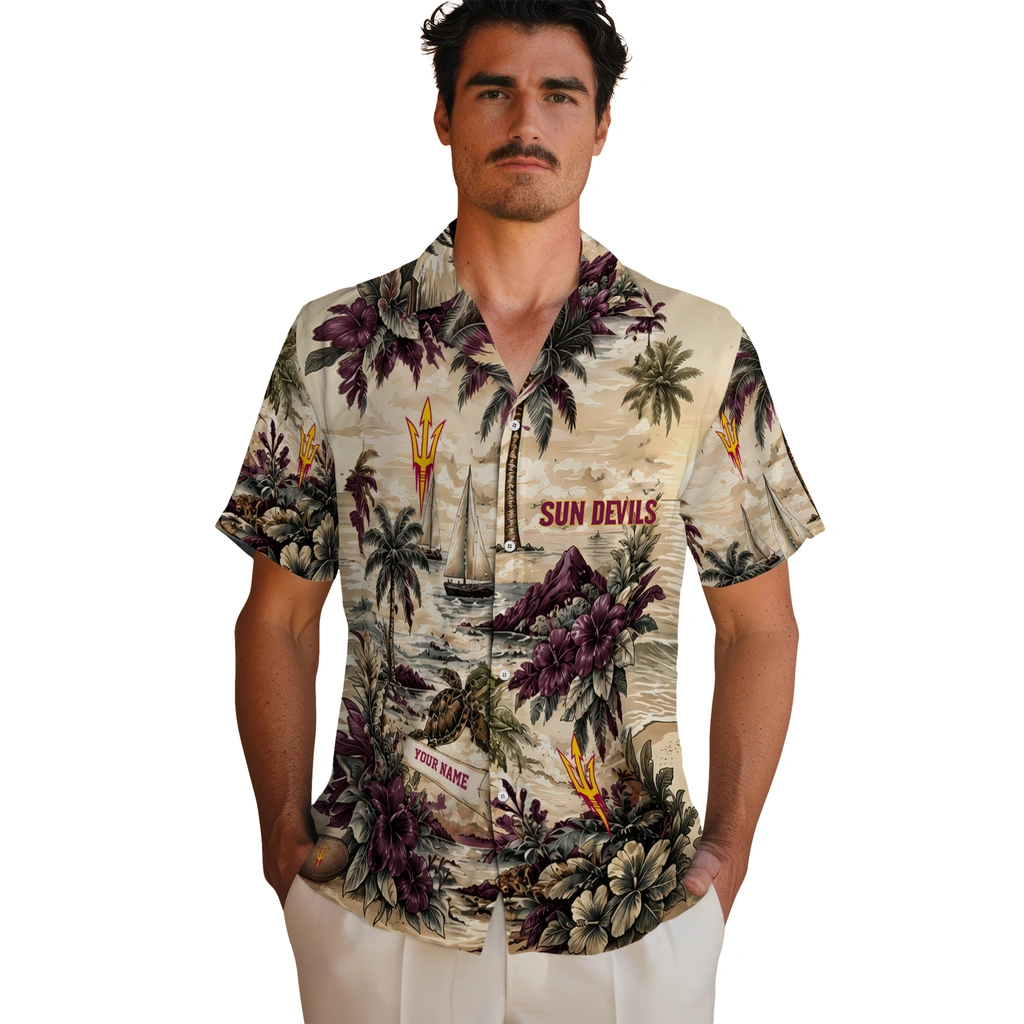 arizona-state-sun-devils-hawaiian-shirt-personalized-island-voyage-maroon-beige-fashion-forward
