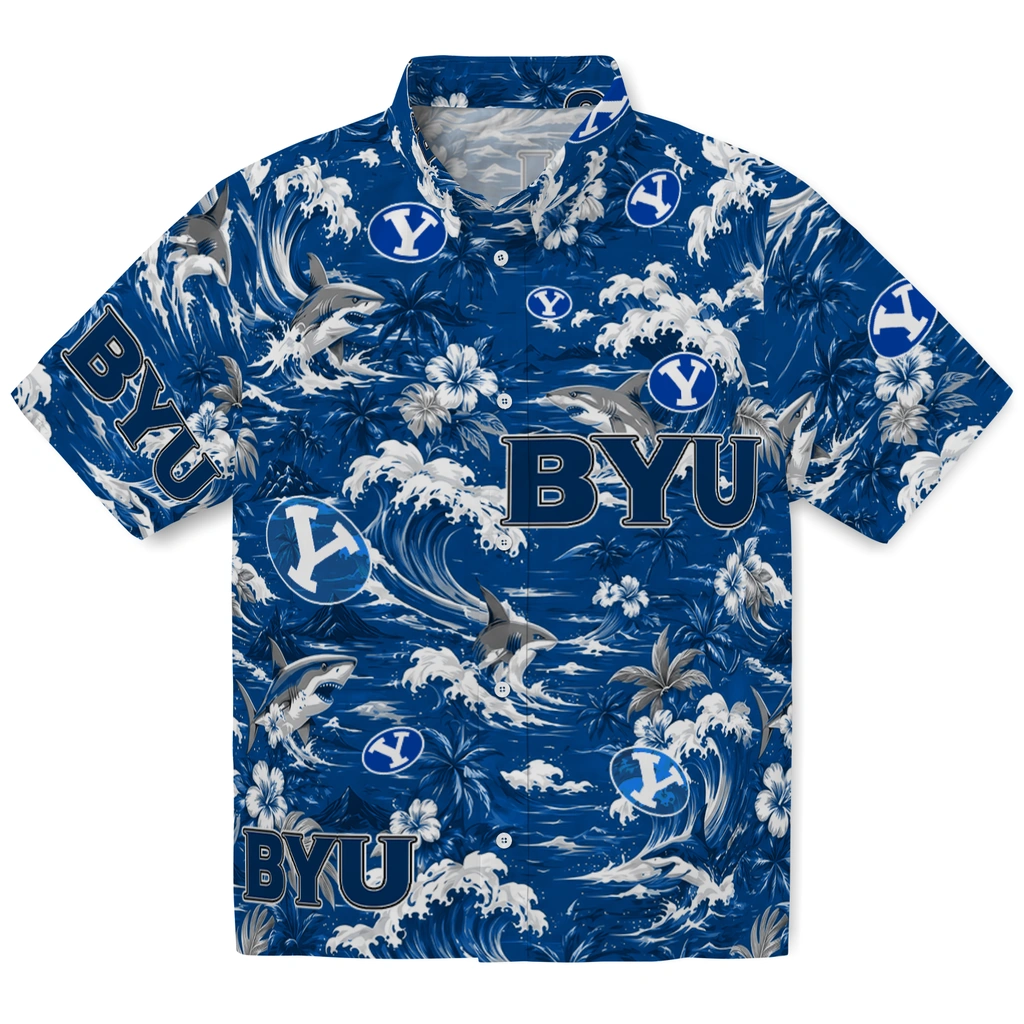 byu-cougars-hawaiian-shirt-custom-wave-florals-blue-best-selling byu cougars hawaiian shirt custom wave florals blue best selling
