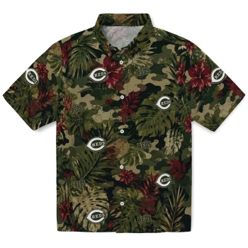 Cincinnati Reds Hawaiian Shirt - Personalized Foliage Camo Dark Olive Green