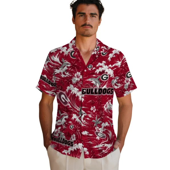 georgia-bulldogs-hawaiian-shirt-customized-wave-florals-red-fashion-forward