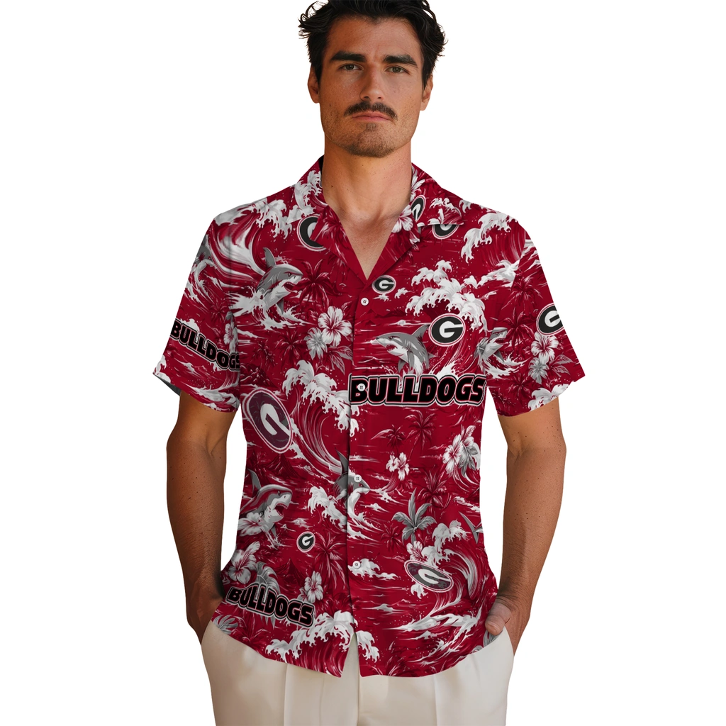georgia-bulldogs-hawaiian-shirt-customized-wave-florals-red-fashion-forward