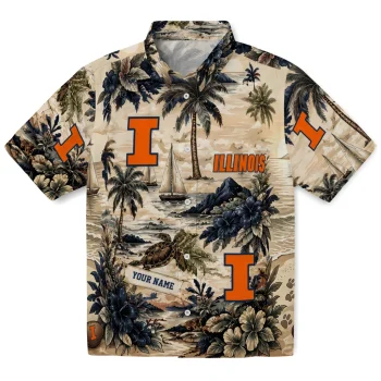 Illinois Fighting Illini Hawaiian Shirt - Custom Island Voyage Blue Beige