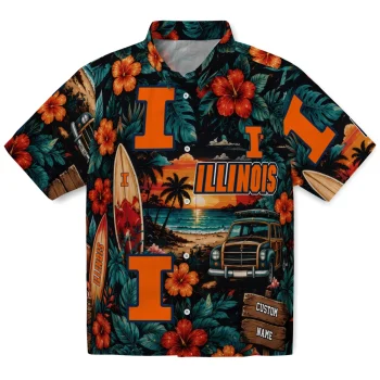 Illinois Fighting Illini Hawaiian Shirt - Customized Scenic Collage Black Green