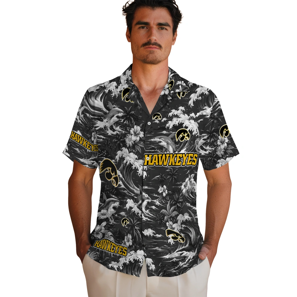 iowa-hawkeyes-hawaiian-shirt-custom-wave-florals-black-fashion-forward