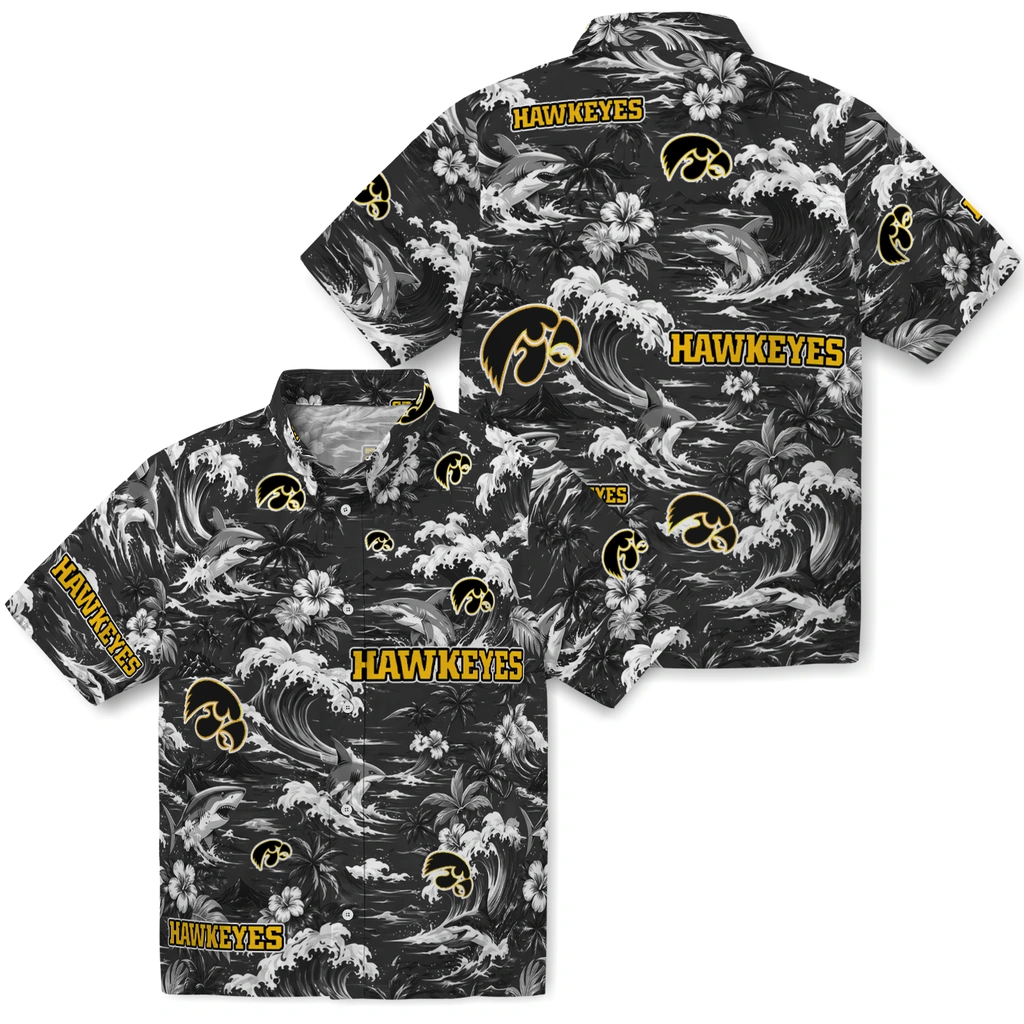 iowa-hawkeyes-hawaiian-shirt-custom-wave-florals-black-high-quality