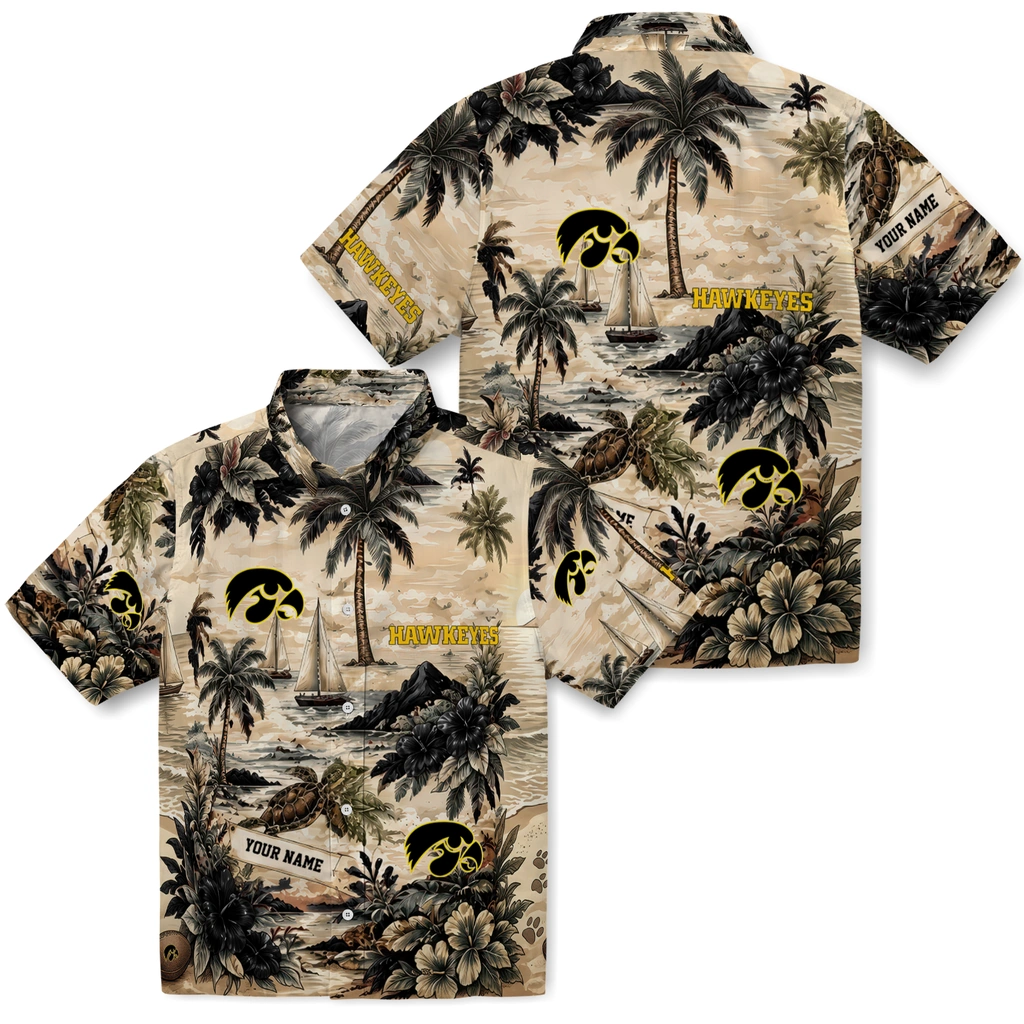 iowa-hawkeyes-hawaiian-shirt-customized-island-voyage-black-beige-high-quality