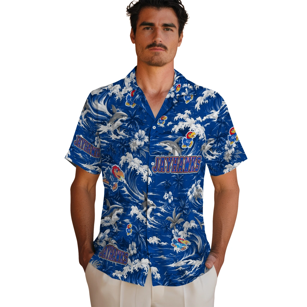 kansas-jayhawks-hawaiian-shirt-customized-wave-florals-blue-fashion-forward