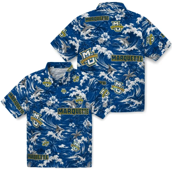 marquette-golden-eagles-hawaiian-shirt-customized-wave-florals-blue-high-quality