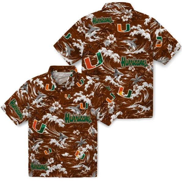 miami-hurricanes-hawaiian-shirt-custom-wave-florals-orange-high-quality