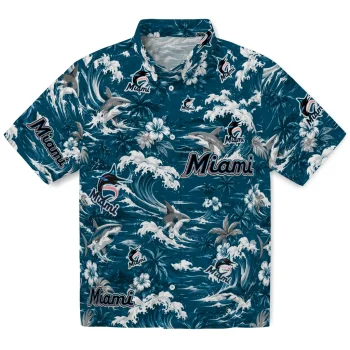 Miami Marlins Hawaiian Shirt - Customized Wave Florals Blue