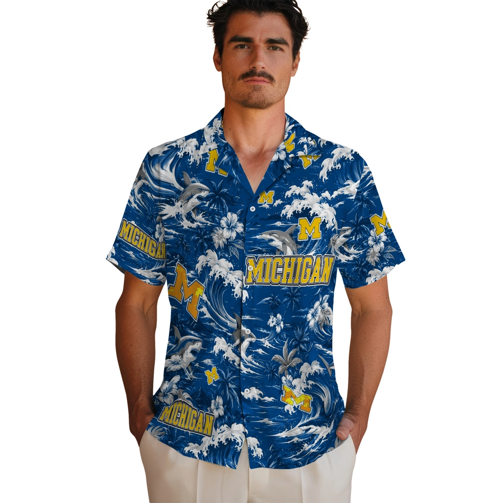 michigan-wolverines-hawaiian-shirt-personalized-wave-florals-blue-fashion-forward