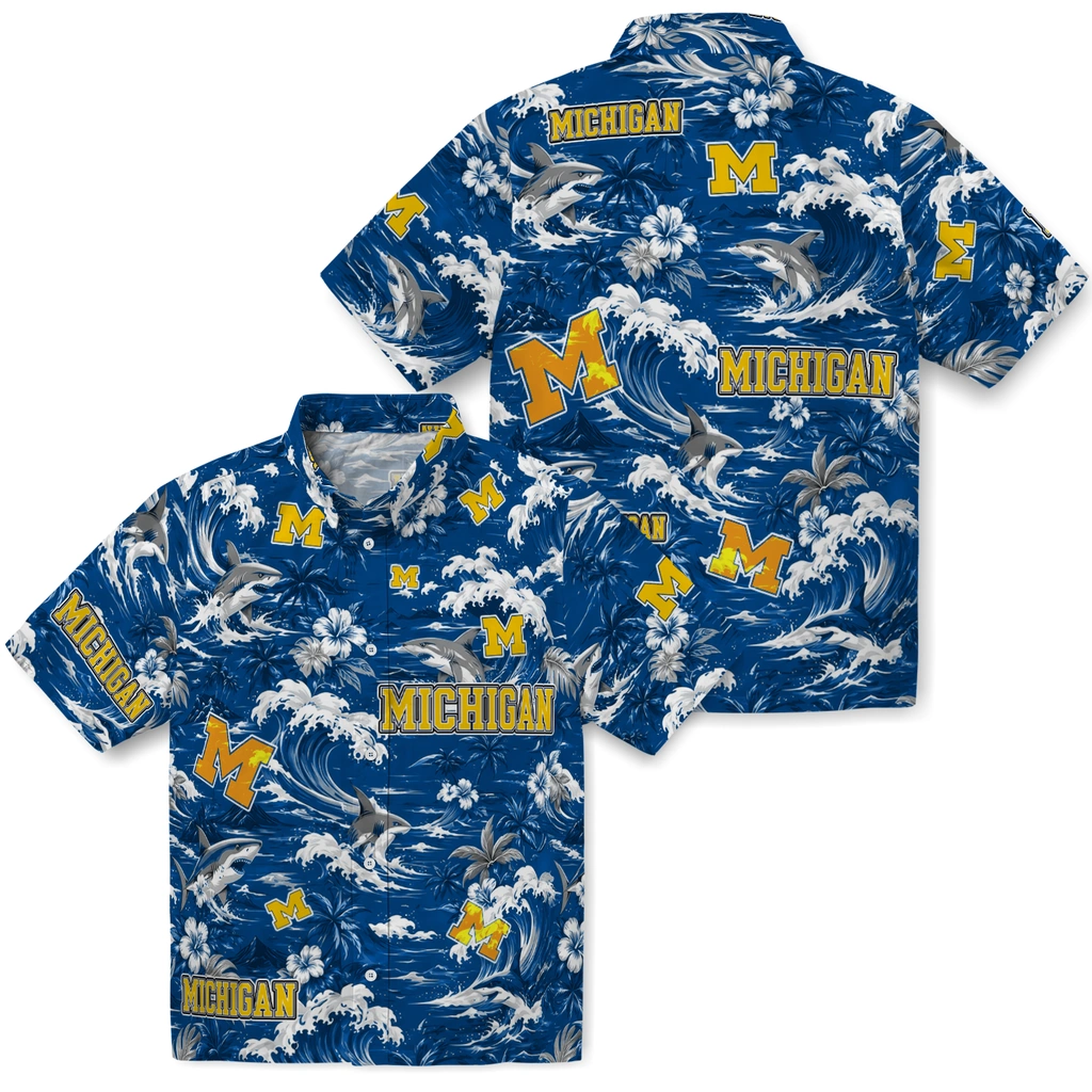 michigan-wolverines-hawaiian-shirt-personalized-wave-florals-blue-high-quality