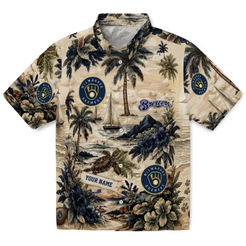 Milwaukee Brewers Hawaiian Shirt - Custom Island Voyage Navy Blue Beige