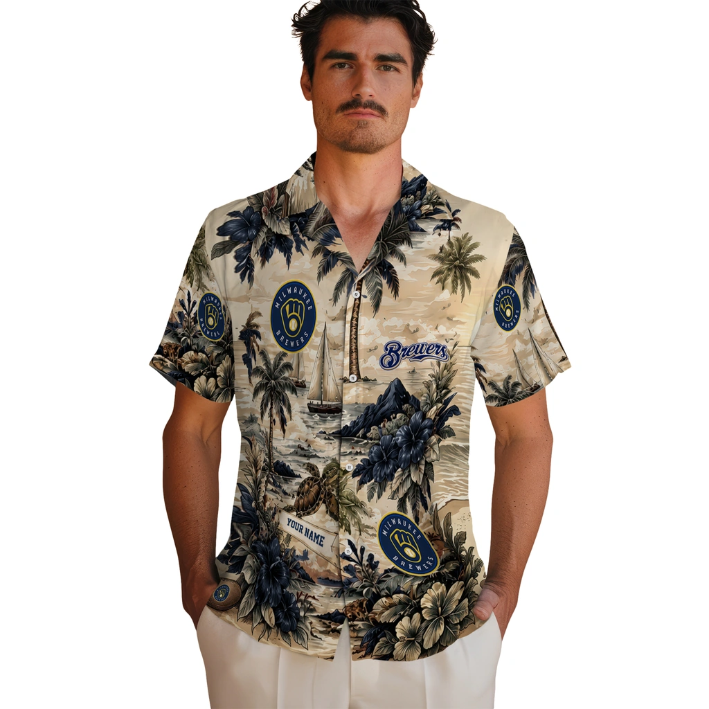 milwaukee-brewers-hawaiian-shirt-custom-island-voyage-navy-blue-beige-fashion-forward