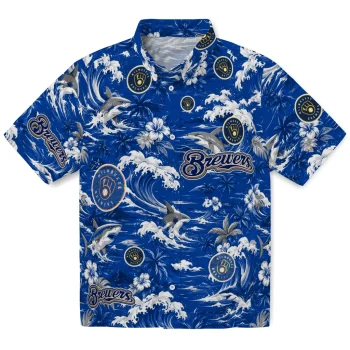 Milwaukee Brewers Hawaiian Shirt - Personalized Wave Florals Navy Blue