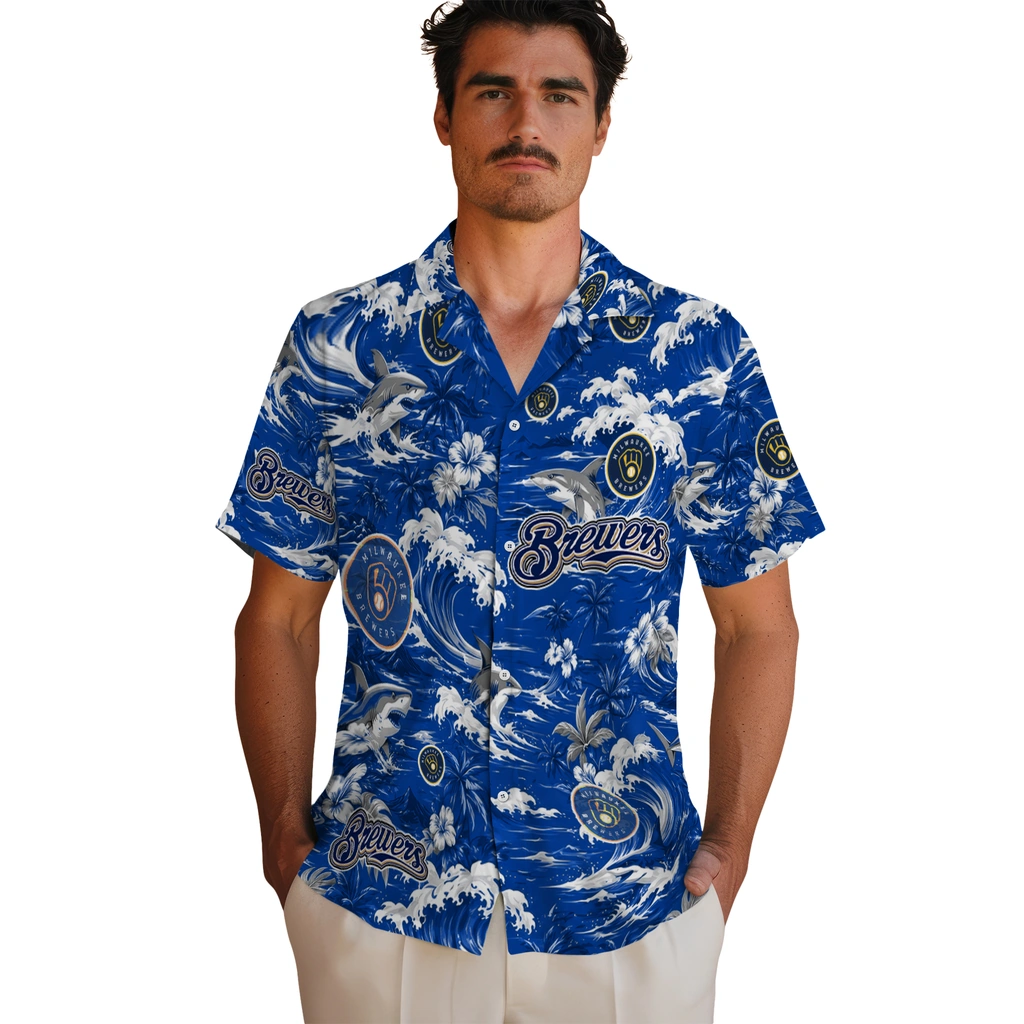milwaukee-brewers-hawaiian-shirt-personalized-wave-florals-navy-blue-fashion-forward