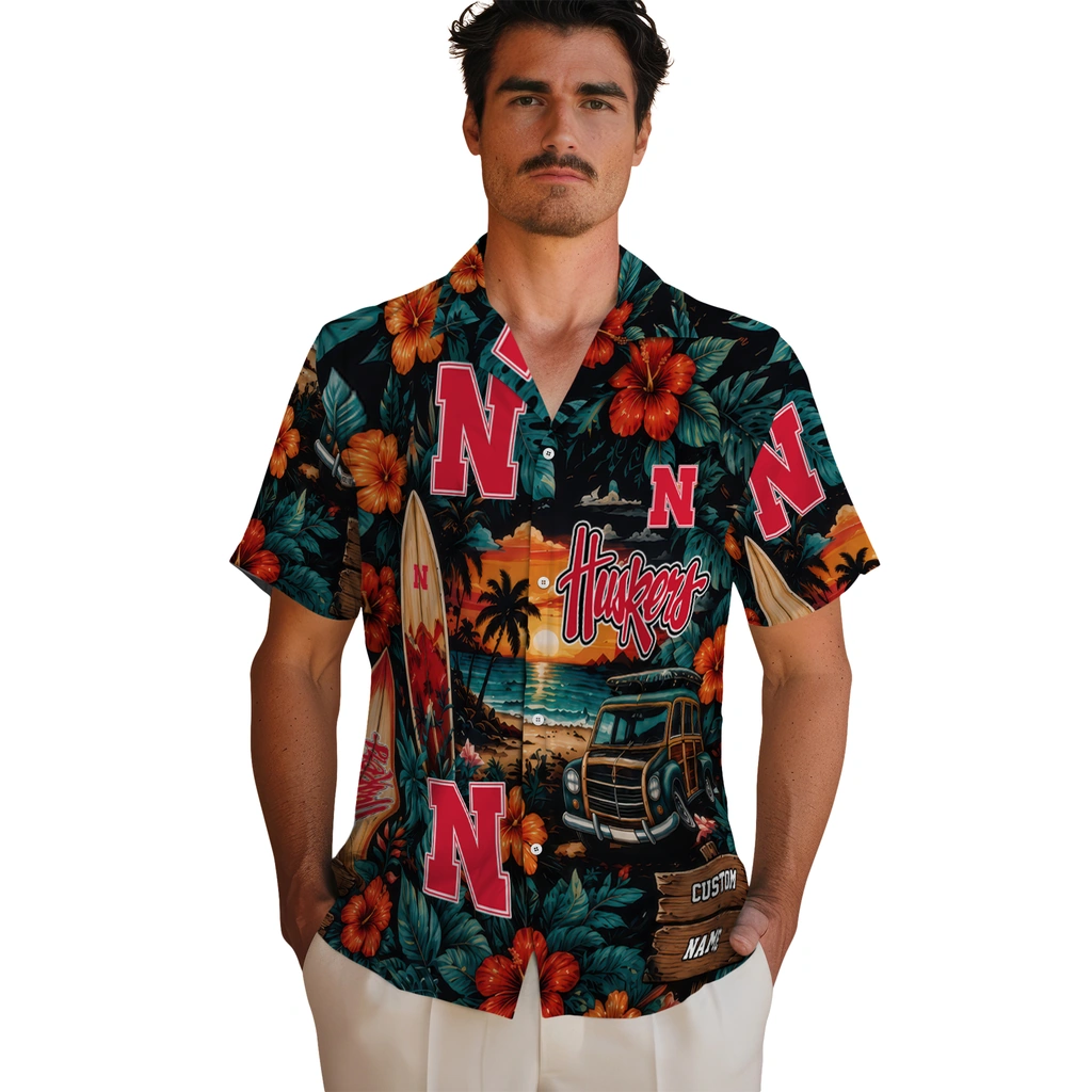 nebraska-cornhuskers-hawaiian-shirt-customized-scenic-collage-black-green-fashion-forward
