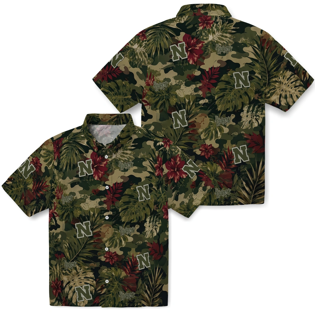 nebraska-cornhuskers-hawaiian-shirt-personalized-foliage-camo-dark-olive-green-high-quality