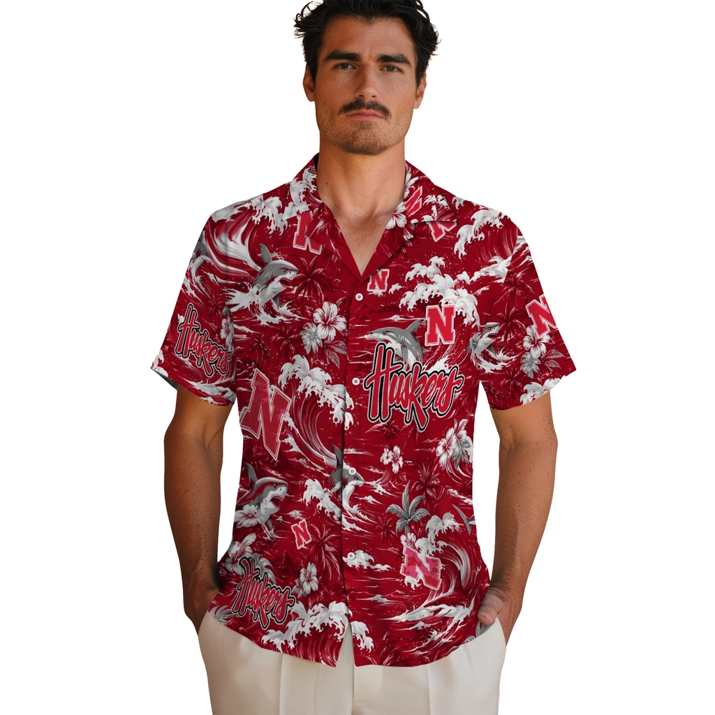 nebraska-cornhuskers-hawaiian-shirt-personalized-wave-florals-red-fashion-forward