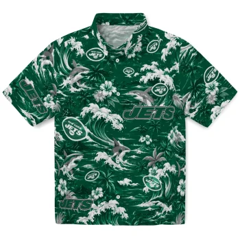 New York Jets Hawaiian Shirt - Personalized Wave Florals Green