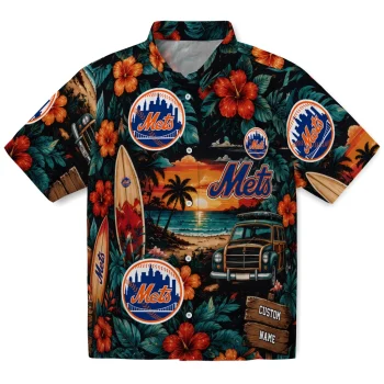 New York Mets Hawaiian Shirt - Custom Scenic Collage Black Green
