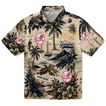 New York Yankees Hawaiian Shirt - Custom Island Voyage Navy Beige