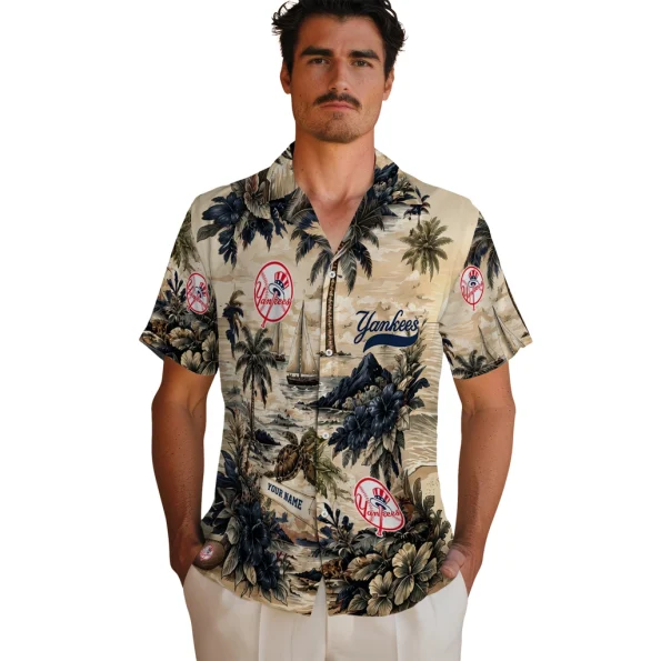 new-york-yankees-hawaiian-shirt-custom-island-voyage-navy-beige-fashion-forward