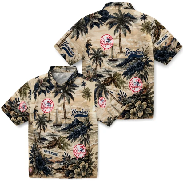 new-york-yankees-hawaiian-shirt-custom-island-voyage-navy-beige-high-quality