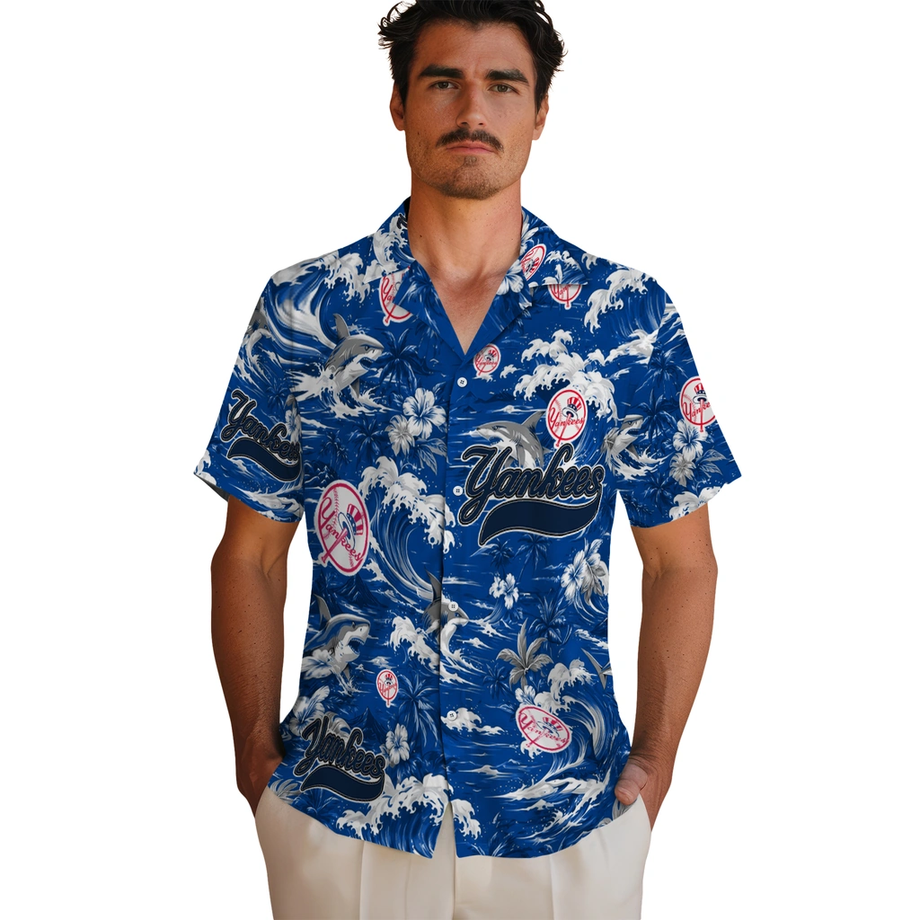new-york-yankees-hawaiian-shirt-personalized-wave-florals-navy-fashion-forward