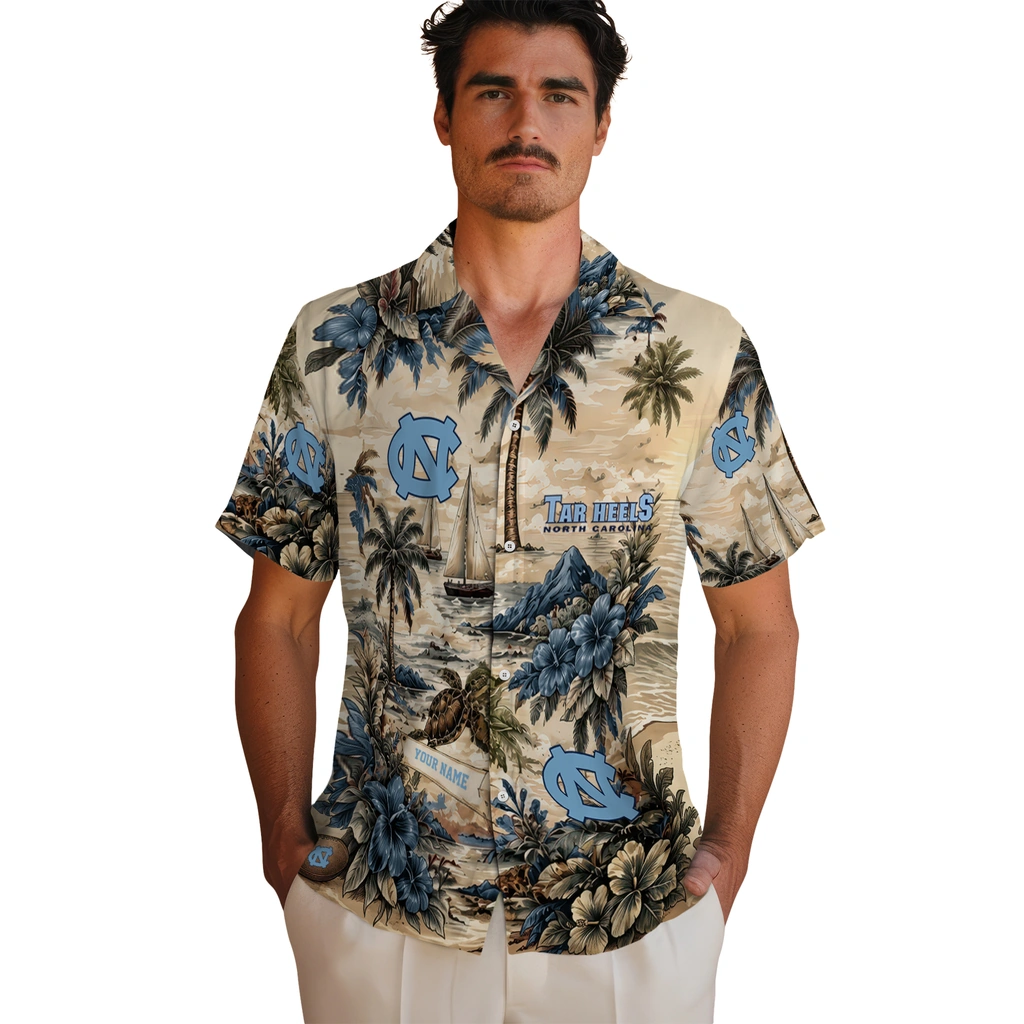 north-carolina-tar-heels-hawaiian-shirt-customized-island-voyage-light-blue-beige-fashion-forward