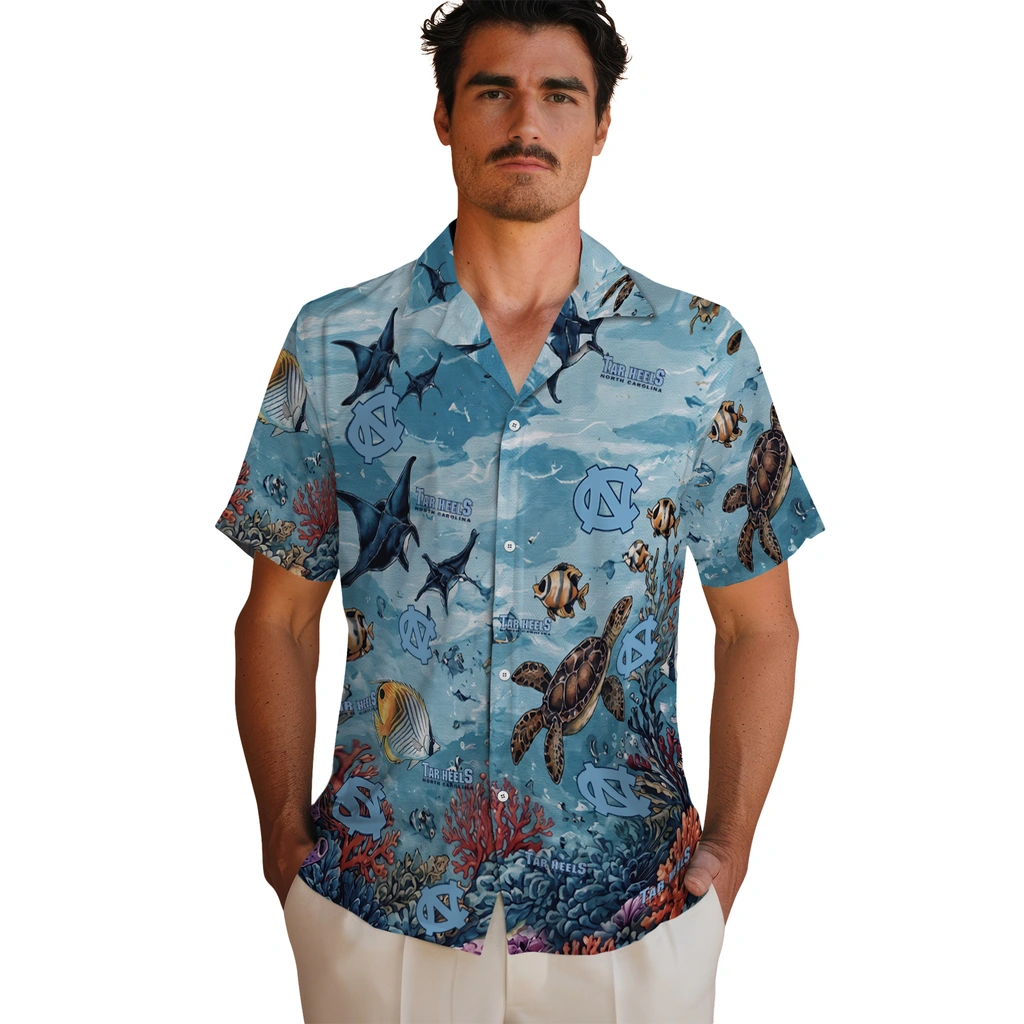 north-carolina-tar-heels-hawaiian-shirt-personalized-coral-reef-aqua-fashion-forward