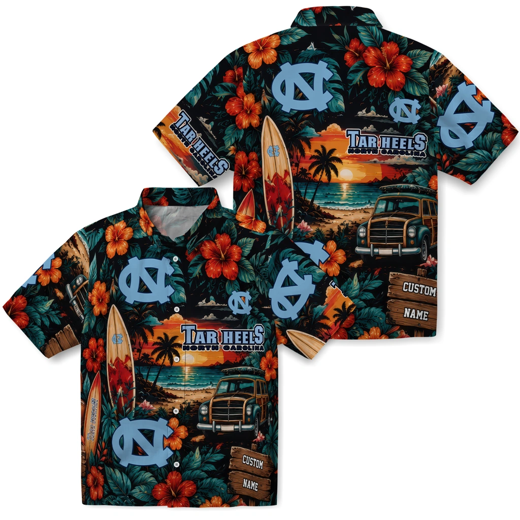 north-carolina-tar-heels-hawaiian-shirt-personalized-scenic-collage-black-green-high-quality