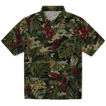 Philadelphia Phillies Hawaiian Shirt - Customized Foliage Camo Dark Olive Green