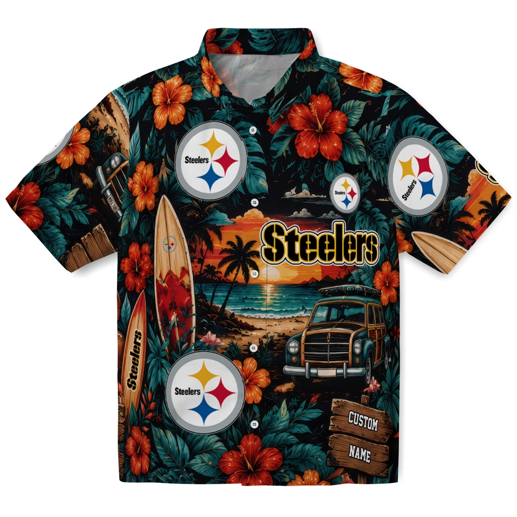 pittsburgh-steelers-hawaiian-shirt-custom-scenic-collage-black-green-best-selling pittsburgh steelers hawaiian shirt custom scenic collage black green best selling