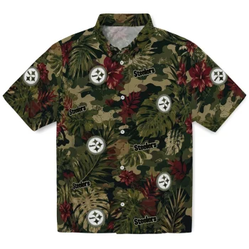 Pittsburgh Steelers Hawaiian Shirt - Customized Foliage Camo Dark Olive Green