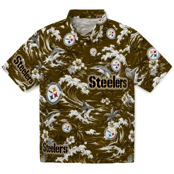 Pittsburgh Steelers Hawaiian Shirt - Customized Wave Florals Gold