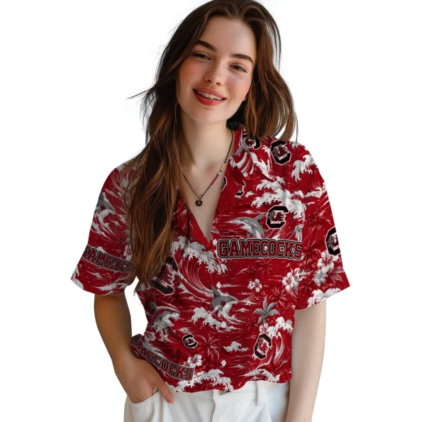 south-carolina-gamecocks-hawaiian-shirt-customized-wave-florals-garnet-latest-model
