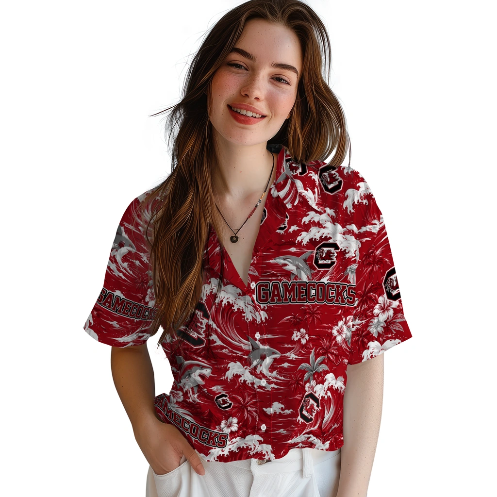 south-carolina-gamecocks-hawaiian-shirt-customized-wave-florals-garnet-latest-model