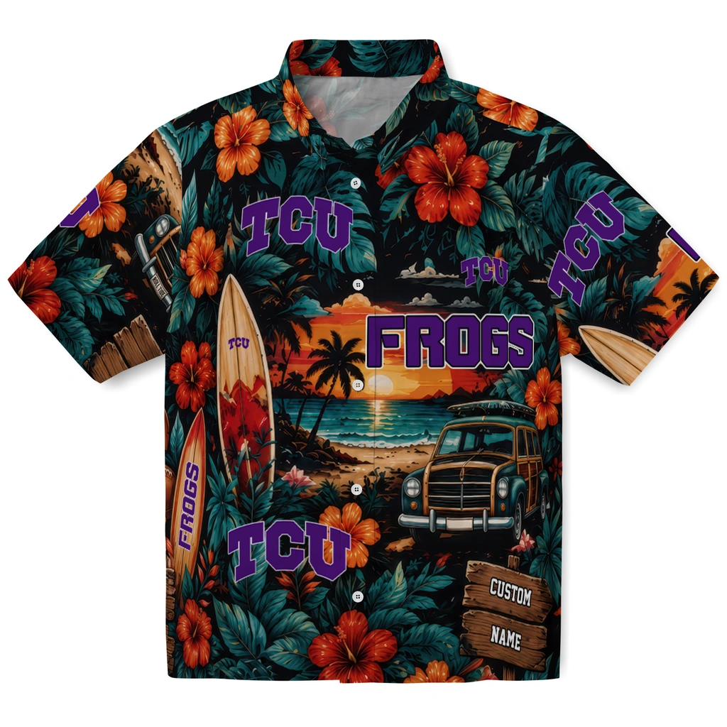 tcu-horned-frogs-hawaiian-shirt-customized-scenic-collage-black-green-best-selling tcu horned frogs hawaiian shirt customized scenic collage black green best selling