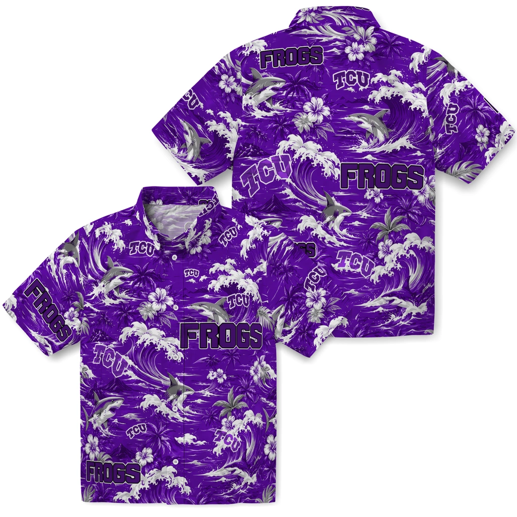 tcu-horned-frogs-hawaiian-shirt-personalized-wave-florals-purple-high-quality