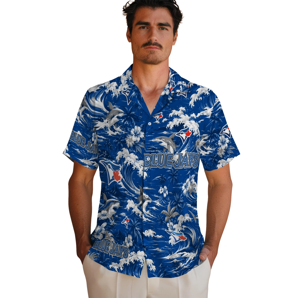 toronto-blue-jays-hawaiian-shirt-custom-wave-florals-blue-fashion-forward