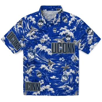 UConn Huskies Hawaiian Shirt - Customized Wave Florals Blue