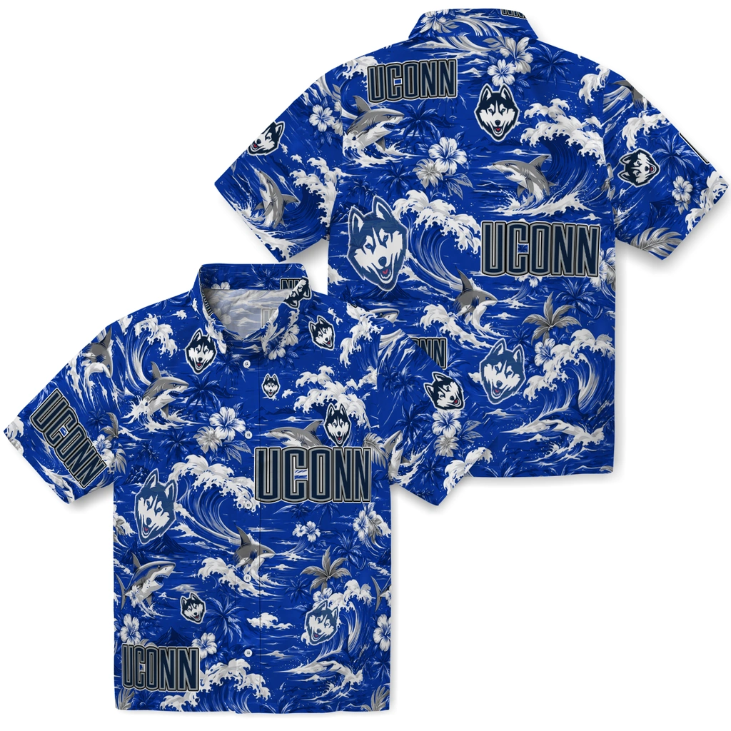 uconn-huskies-hawaiian-shirt-customized-wave-florals-blue-high-quality