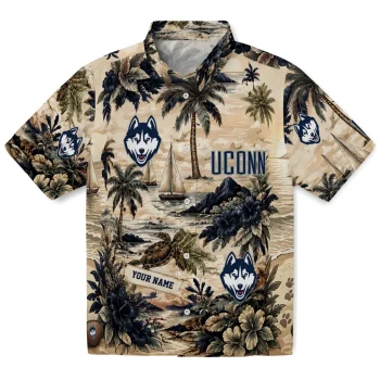 UConn Huskies Hawaiian Shirt - Personalized Island Voyage Blue Beige