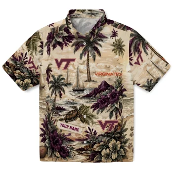 Virginia Tech Hokies Hawaiian Shirt - Custom Island Voyage Maroon Beige