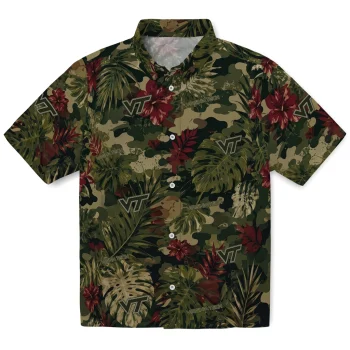 Virginia Tech Hokies Hawaiian Shirt - Personalized Foliage Camo Dark Olive Green