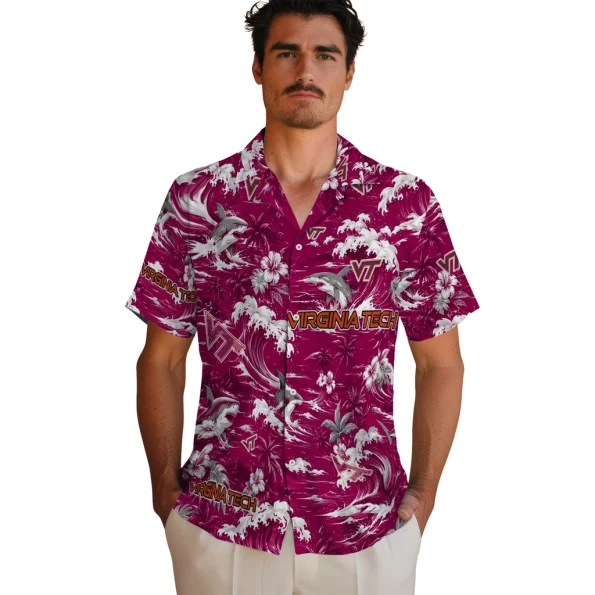 virginia-tech-hokies-hawaiian-shirt-personalized-wave-florals-maroon-fashion-forward