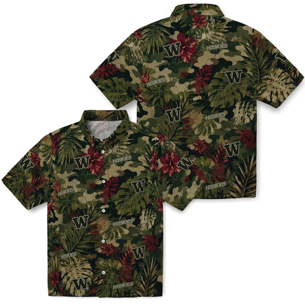 washington-huskies-hawaiian-shirt-custom-foliage-camo-dark-olive-green-high-quality