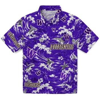 Washington Huskies Hawaiian Shirt - Custom Wave Florals Purple